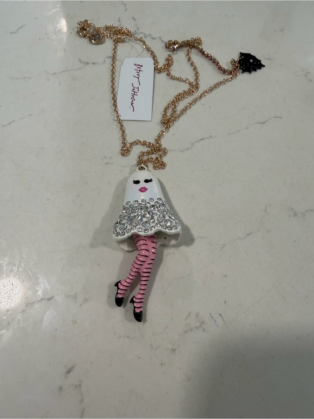 Betsey Johnson White Ghost Pendant Necklace with Pink Striped Legs